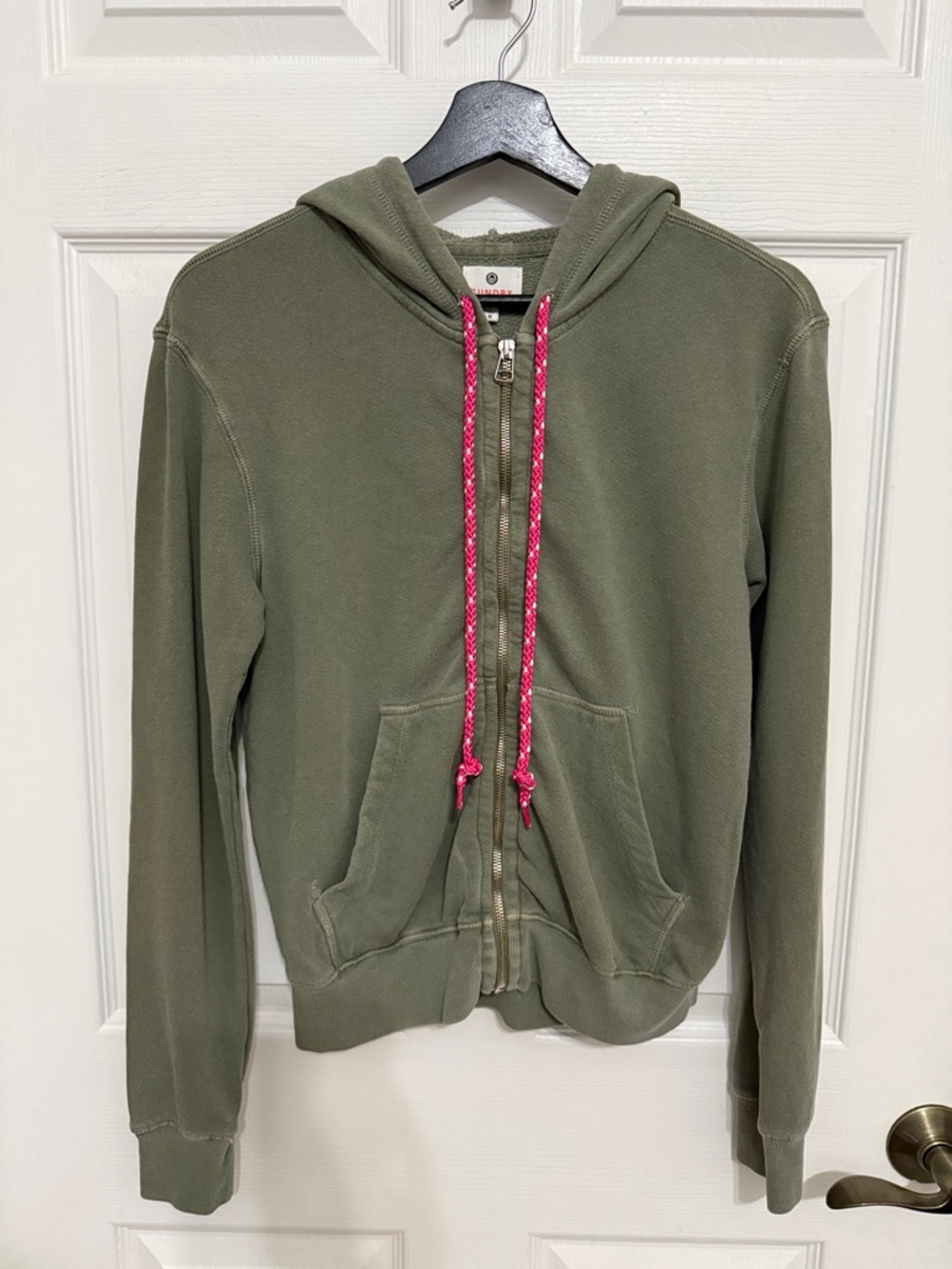Sundry Olive Zip Hoodie with Pink Braided Drawcords
